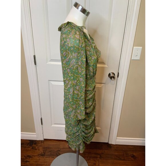 Veronica Beard Shala Green Paisley Silk Ruched Long Sleeve Mini Dress Size 10 - Picture 3 of 6